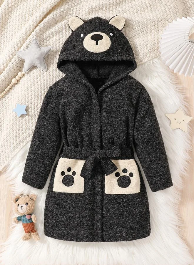 Take Two Bear Graphic Hoodie Pocket Detail Belted Robe