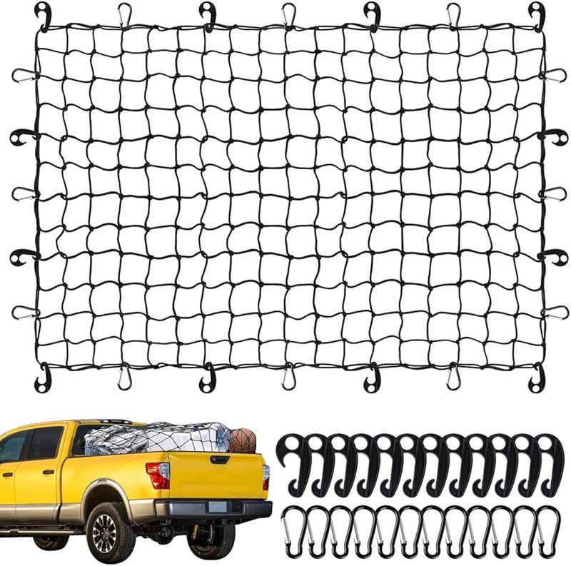 STHIRA ® Cargo Net for Vehicles 47.2x35.4 inches Stretch Cargo Net with 12 Plastic Hooks & 12 Carabiners Robust Mesh Net Multipurpose Shipping Transport Net for Trucks, SUVs - Image 1
