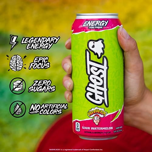 GHOST Energy Drink - 12-Pack, Warheads Sour Watermelon, 16oz - Energy & Focus & No Artificial Colors - 200mg of Natural Caffeine, L-Carnitine & Taurine - Gluten-Free & Vegan - Image 4