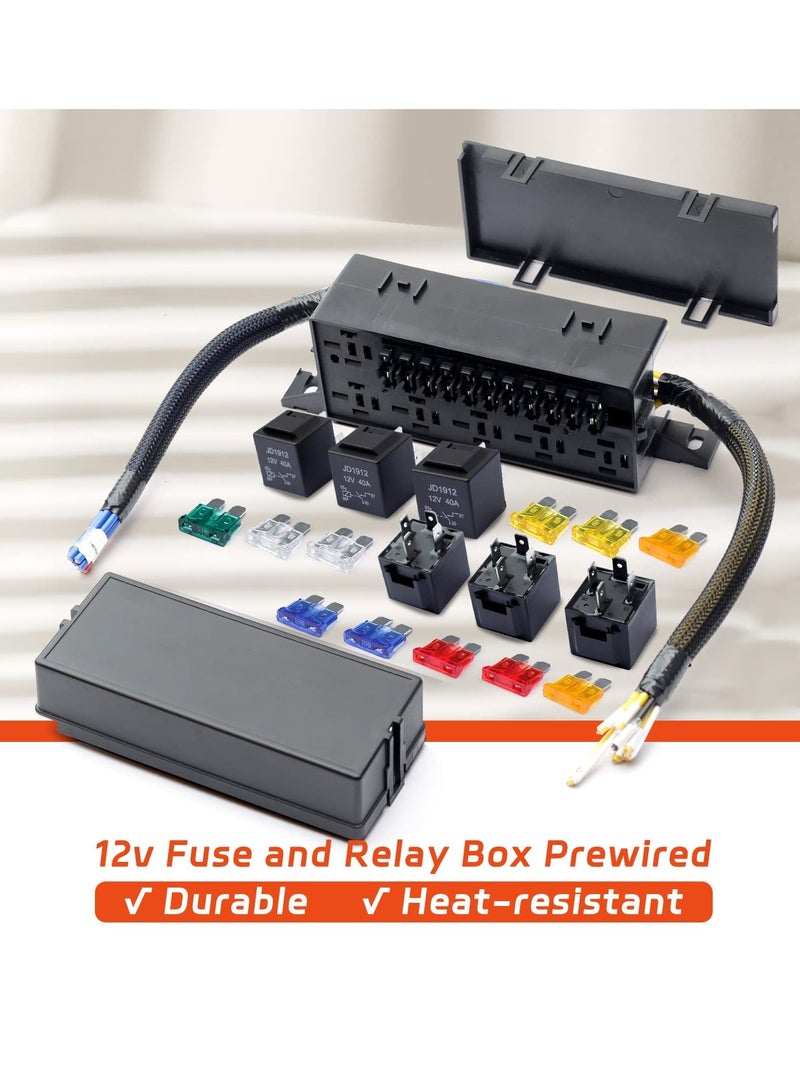 11 Way Fuse Relay Box Block 12V Pre-Wired, Automotive Universal Fuse Block with Relay Panel, 11 Slot Fuse Box and 6 Slot 4 Pin Relay Panel - for Vehicles, Cars, Marine, Boats  - Image 2