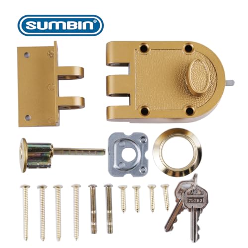 SUMBIN Jimmy Proof Deadbolt Lock with Heavy Duty Single Cylinder deadbolt Fit Most of The Antique Entry Door in Gold Finish 2 Sets - Image 3