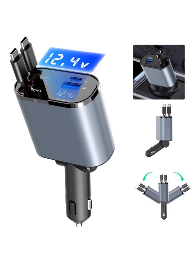 4-in-1 Retractable Car Charger, 100W Fast Charging, Dual Type-C Cables + 2 USB Ports – Compatible with iPhone 16/15/14 Pro Max, Galaxy S24/S23, Google Pixel, iPad, Android - Image 1