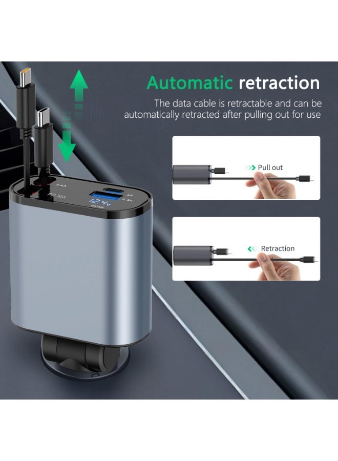 4-in-1 Retractable Car Charger, 100W Fast Charging, Dual Type-C Cables + 2 USB Ports – Compatible with iPhone 16/15/14 Pro Max, Galaxy S24/S23, Google Pixel, iPad, Android - Image 3