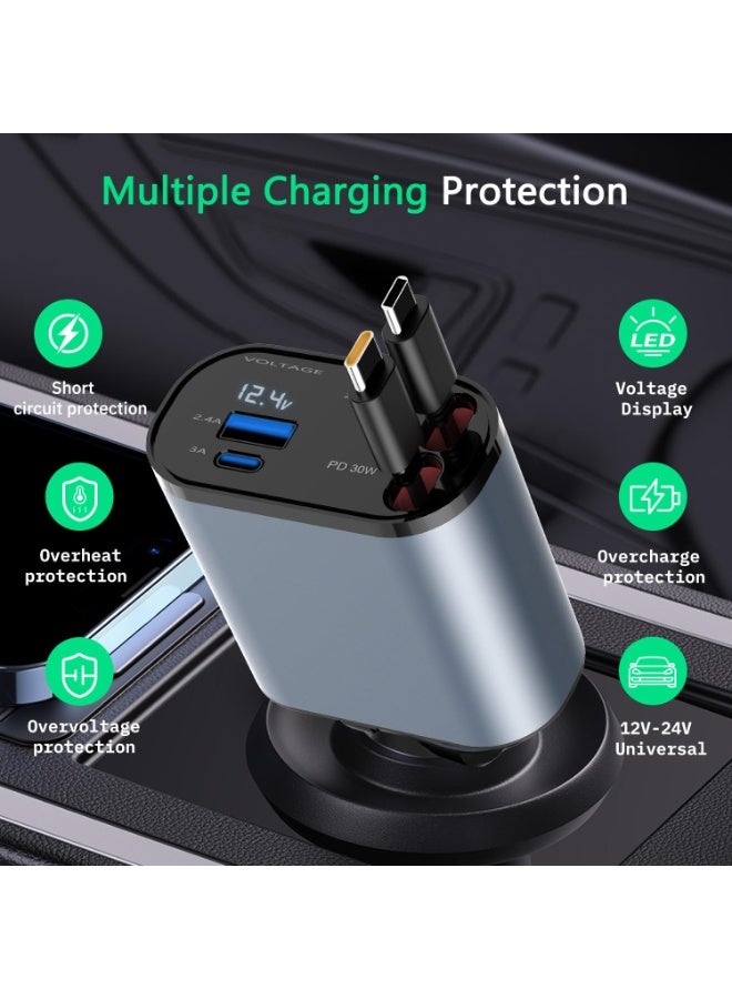 4-in-1 Retractable Car Charger, 100W Fast Charging, Dual Type-C Cables + 2 USB Ports – Compatible with iPhone 16/15/14 Pro Max, Galaxy S24/S23, Google Pixel, iPad, Android - Image 4