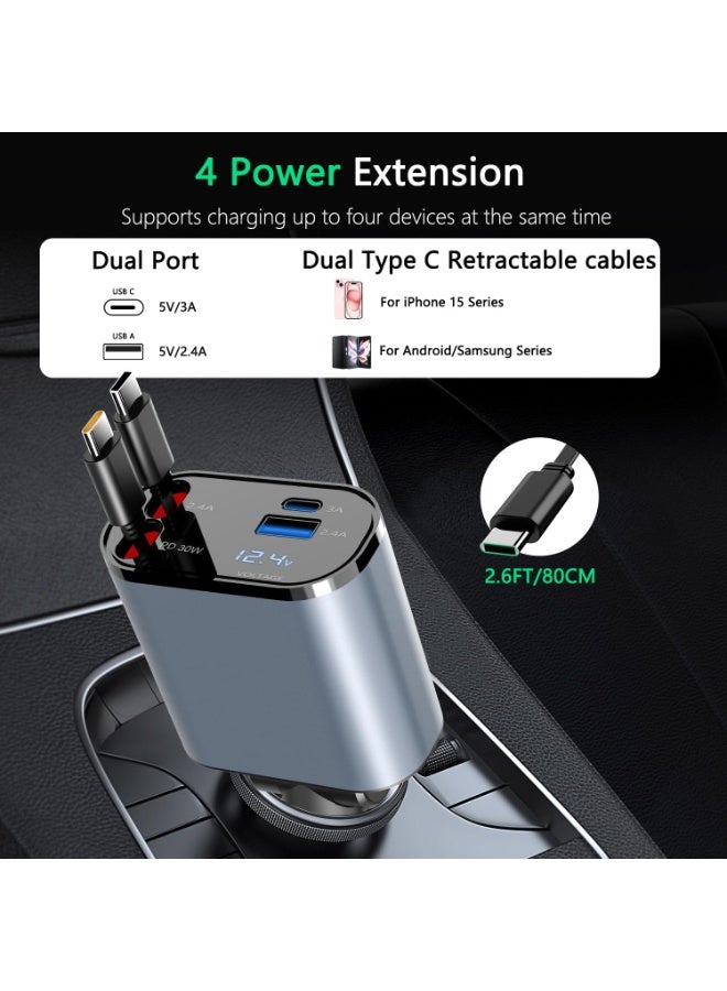 4-in-1 Retractable Car Charger, 100W Fast Charging, Dual Type-C Cables + 2 USB Ports – Compatible with iPhone 16/15/14 Pro Max, Galaxy S24/S23, Google Pixel, iPad, Android - Image 2