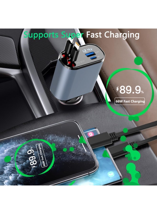 4-in-1 Retractable Car Charger, 100W Fast Charging, Dual Type-C Cables + 2 USB Ports – Compatible with iPhone 16/15/14 Pro Max, Galaxy S24/S23, Google Pixel, iPad, Android - Image 5