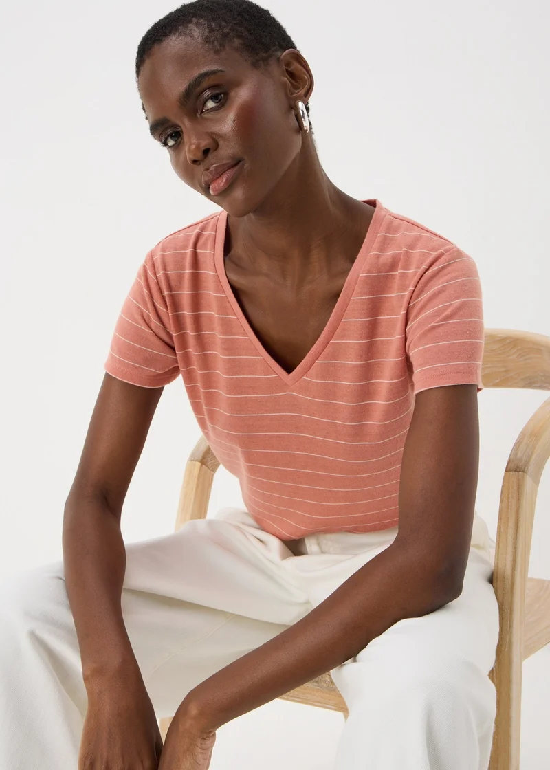 Matalan Pink Stripe Linen Blend V-Neck T-Shirt
