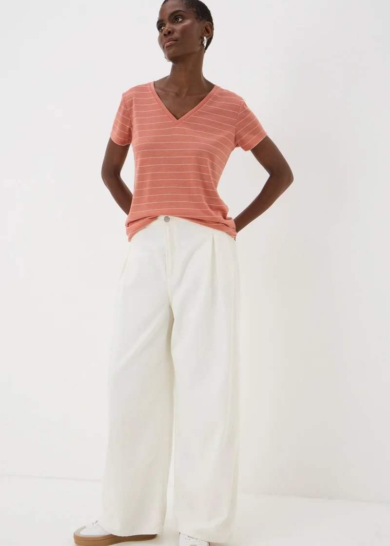 Matalan Pink Stripe Linen Blend V-Neck T-Shirt