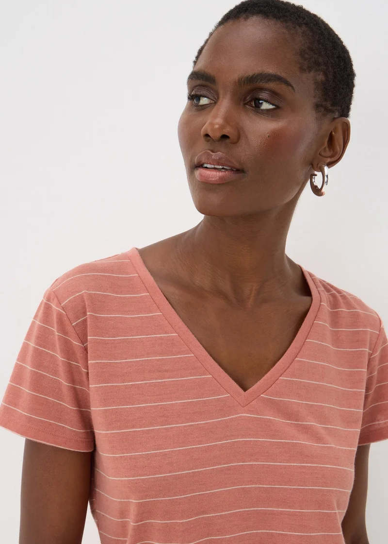 Matalan Pink Stripe Linen Blend V-Neck T-Shirt