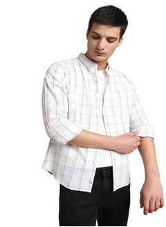 Slim Fit White 100% Cotton Checked Shirt for Men - Button Down Collar, Full Sleeves, Casual,