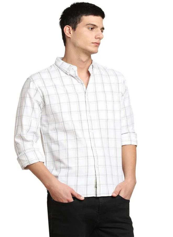 Dennis Lingo Men's White 100% Cotton Checkered Slim FiT-Shirt