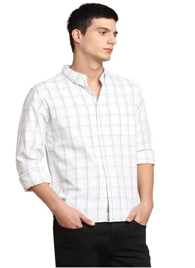 Dennis Lingo - Slim Fit White 100% Cotton Checked Shirt for Men - Button Down Collar, Full Sleeves, Casual, - Image 1