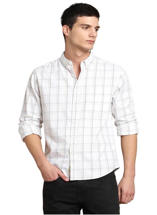 Dennis Lingo - Slim Fit White 100% Cotton Checked Shirt for Men - Button Down Collar, Full Sleeves, Casual, - Image 1