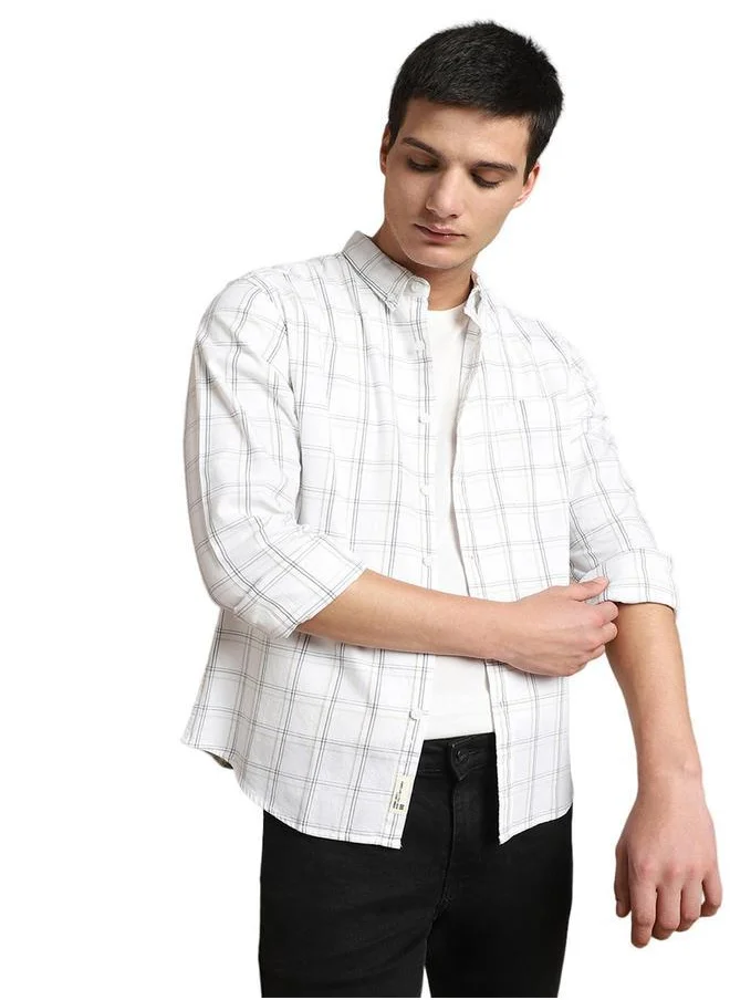 دينيس لينغو Slim Fit White 100% Cotton Checked Shirt for Men - Button Down Collar, Full Sleeves, Casual