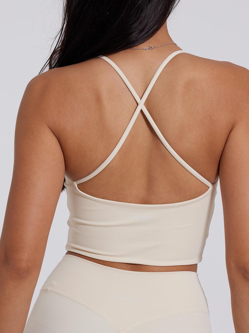 Danysu Sculpt Workout Tank Tops Women Longline Sports Bras Workout Tops for Women Light Support Strappy Padded Yoga Top Scoop Neck Lemond Frosting L - Image 5