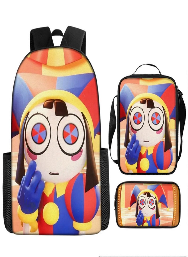 THE AMAZING DIGITAL CIRCUS Children Backpack Schoolbag Teen Student School Book bag with Lunch Box Pen Case 3 in 1 for Kids
