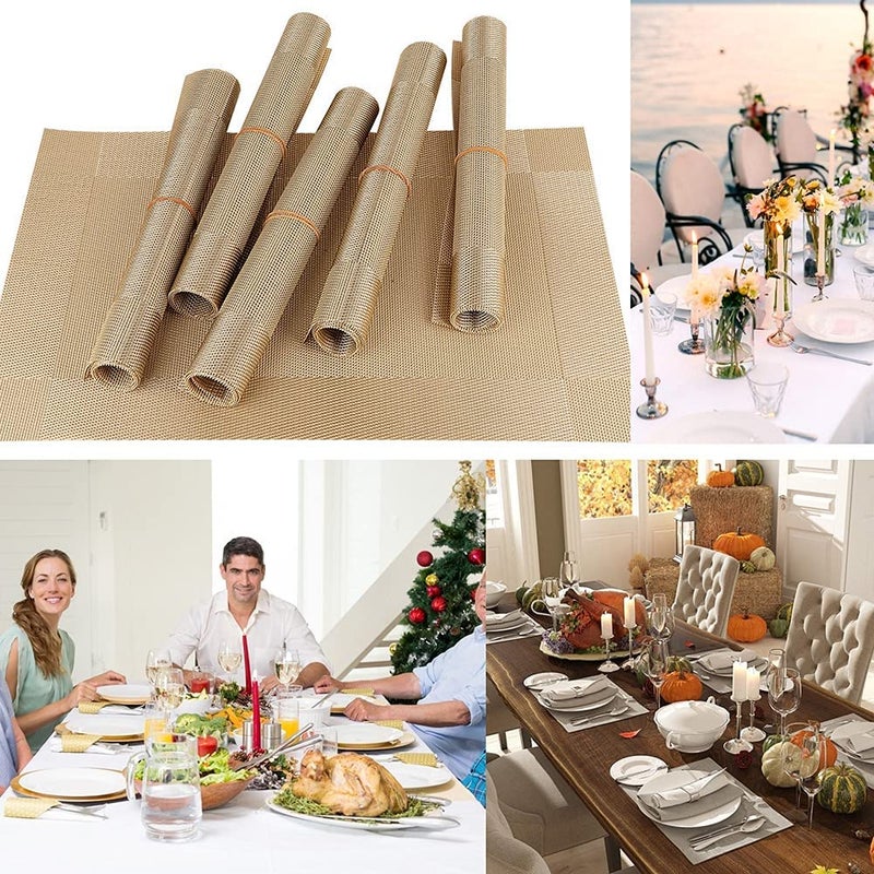 AMENDAS Dining Table Mat Waterproof Placement Place Mats for Kitchen Dining Table Heat Resistant Stain AntiSkid Washable PVC Table Mats Kids School Lunch Mat Gold - Image 2