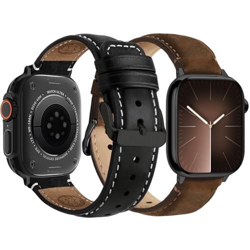 Fullmosa 2 Pack Leather Watch Strap Compatible with Apple Watch Bands 49mm 46mm 45mm 44mm 42mm(Series 3/2/1), Genuine Leather iWatch Straps for Ultra/SE 3/2/1 Series 11 10 9 8 7 6 5 4 3 2 1 - Image 1