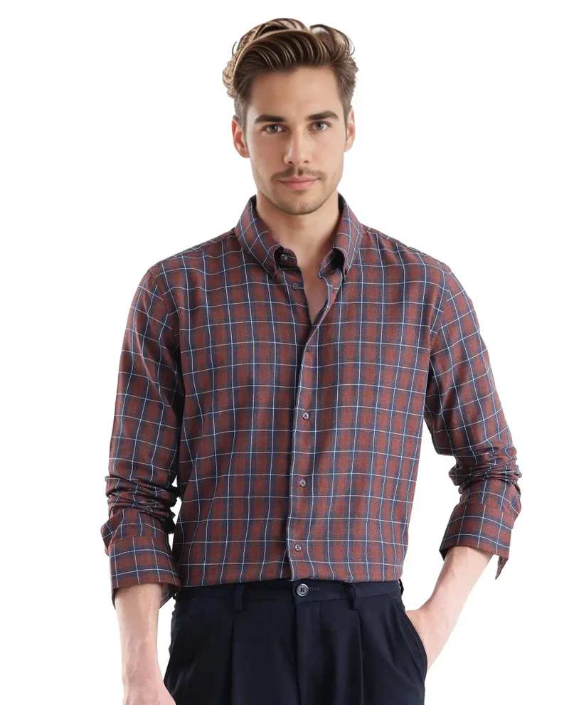 Rare Rabbit Rare Rabbit Men's Zary Brown Cotton Fabric Full Sleeve Collared Neck Checks Shirt