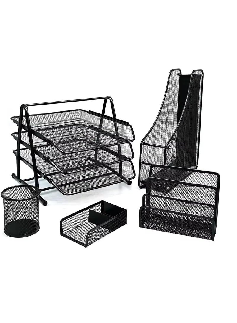 مجموعة من 5 ملحقات مكتبية، تراي مستندات معدنية بثلاث طبقات، ملف مستندات مكتبي، ورق A4 - Image 1