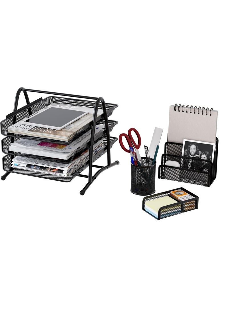 مجموعة من 5 ملحقات مكتبية، تراي مستندات معدنية بثلاث طبقات، ملف مستندات مكتبي، ورق A4 - Image 2