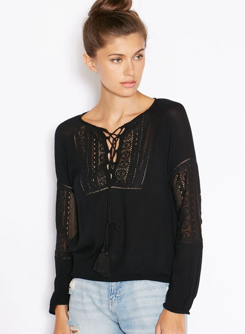 ELLA Crochet Detail Lace Up Top