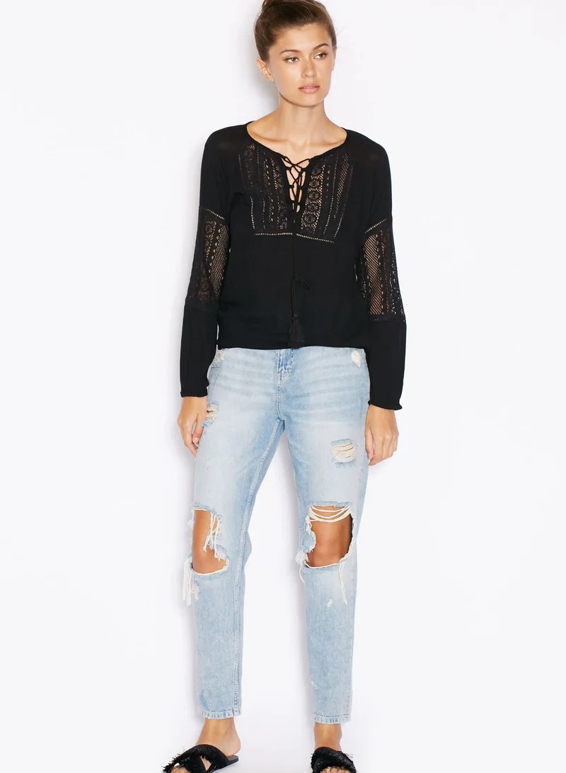ELLA Crochet Detail Lace Up Top