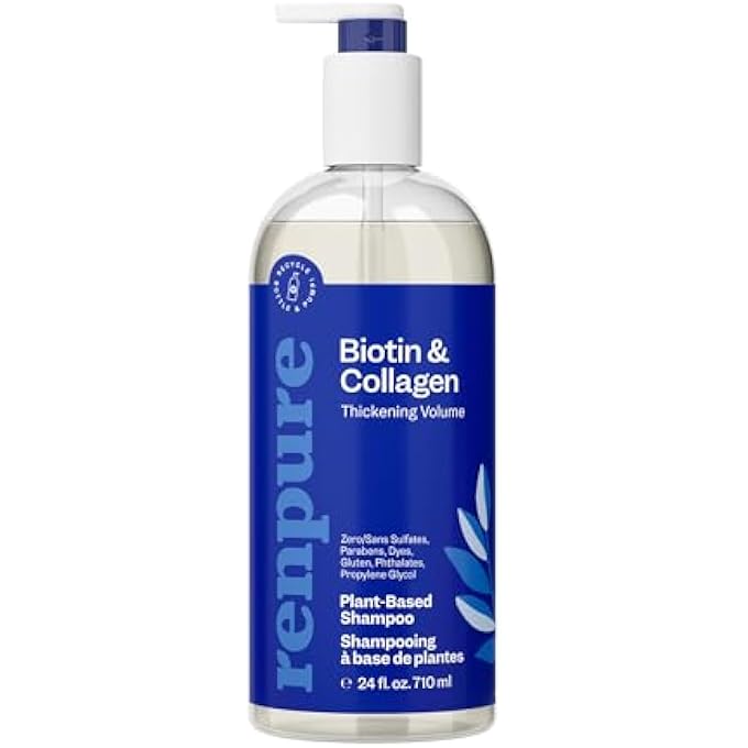 Renpure PLANT BASED BIOTIN AND COLLAGEN THICKENING VOLUME SHAMPOO - LEAVES HAIR LOOKING LUSCIOUS - RIDS HAIR OF GRIME - GENTLE FORMULA - PARABEN FREE - RECYCLABLE, PUMP BOTTLE DESIGN - 24 FL OZ - Image 1