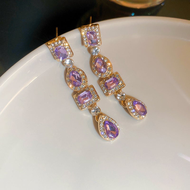 Luxury Purple Zircon Flower Tassel Earrings - Elegant and Versatile for Women