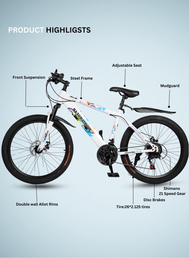 ماونتن جير الدراجة الجبلية 21 سرعة MGR311382 | دورة مقاس 24 بوصة بإطار من الفولاذ عالي الكربون | فرامل قرصية | 38 شوكة أمامية ممتصة للصدمات | TX-30 شيمانو شيمانو | دواسات بي في سي | مقعد MTB- أبيض - Image 5