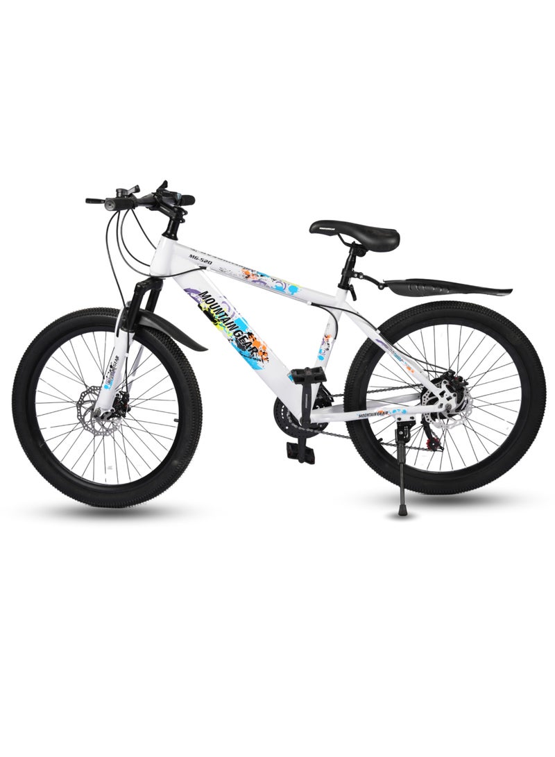 ماونتن جير الدراجة الجبلية 21 سرعة MGR311382 | دورة مقاس 24 بوصة بإطار من الفولاذ عالي الكربون | فرامل قرصية | 38 شوكة أمامية ممتصة للصدمات | TX-30 شيمانو شيمانو | دواسات بي في سي | مقعد MTB- أبيض - Image 1