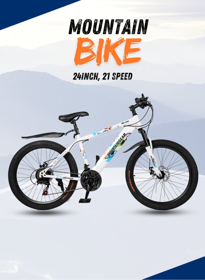 ماونتن جير الدراجة الجبلية 21 سرعة MGR311382 | دورة مقاس 24 بوصة بإطار من الفولاذ عالي الكربون | فرامل قرصية | 38 شوكة أمامية ممتصة للصدمات | TX-30 شيمانو شيمانو | دواسات بي في سي | مقعد MTB- أبيض - Image 2