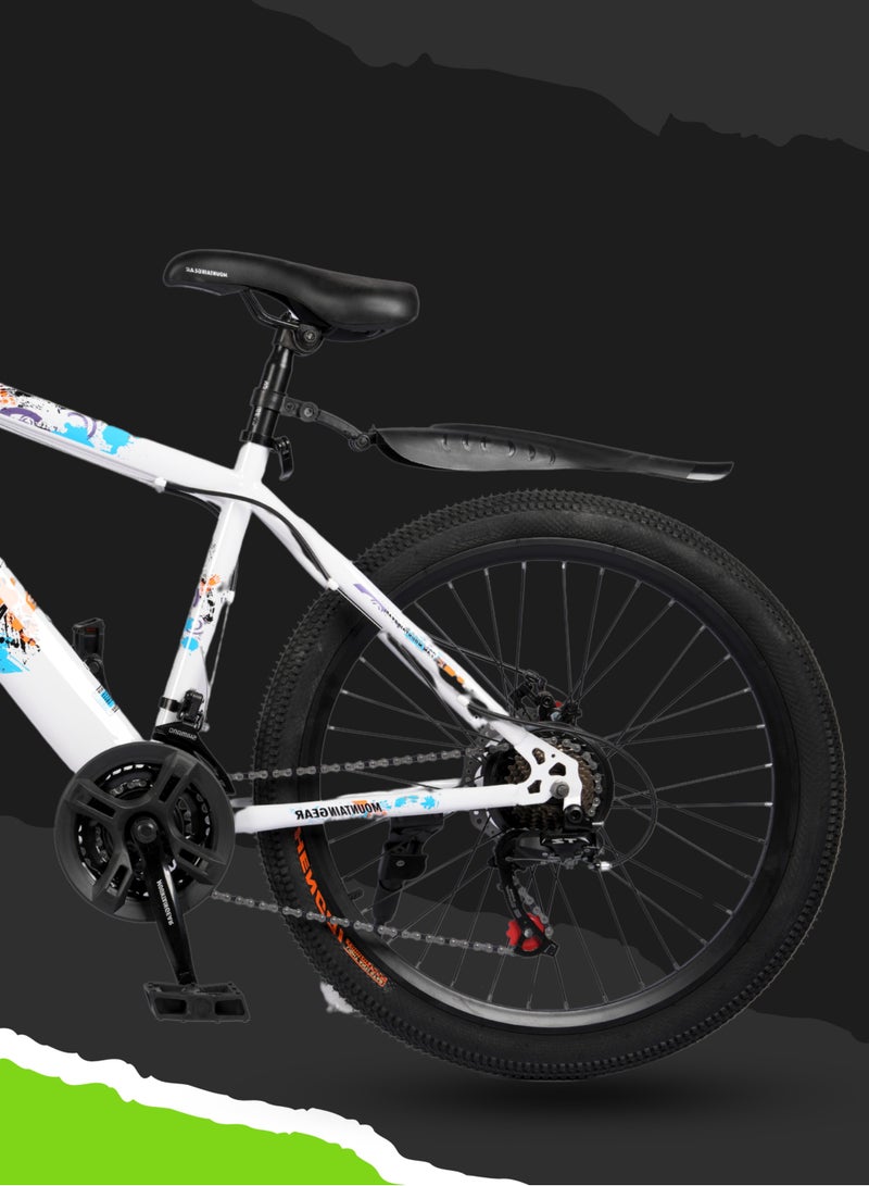 ماونتن جير الدراجة الجبلية 21 سرعة MGR311382 | دورة مقاس 24 بوصة بإطار من الفولاذ عالي الكربون | فرامل قرصية | 38 شوكة أمامية ممتصة للصدمات | TX-30 شيمانو شيمانو | دواسات بي في سي | مقعد MTB- أبيض - Image 4
