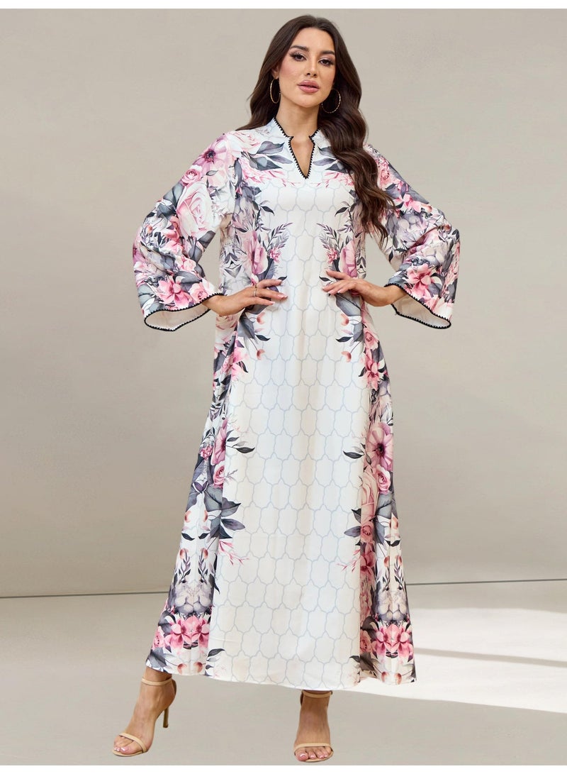 Kaiyuede Dubai Pink Floral Abaya | V-Neck Long Sleeve Geometric Modest Maxi Dress for Ramadan & Eid - Image 4