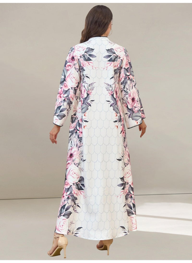 Kaiyuede Dubai Pink Floral Abaya | V-Neck Long Sleeve Geometric Modest Maxi Dress for Ramadan & Eid - Image 2