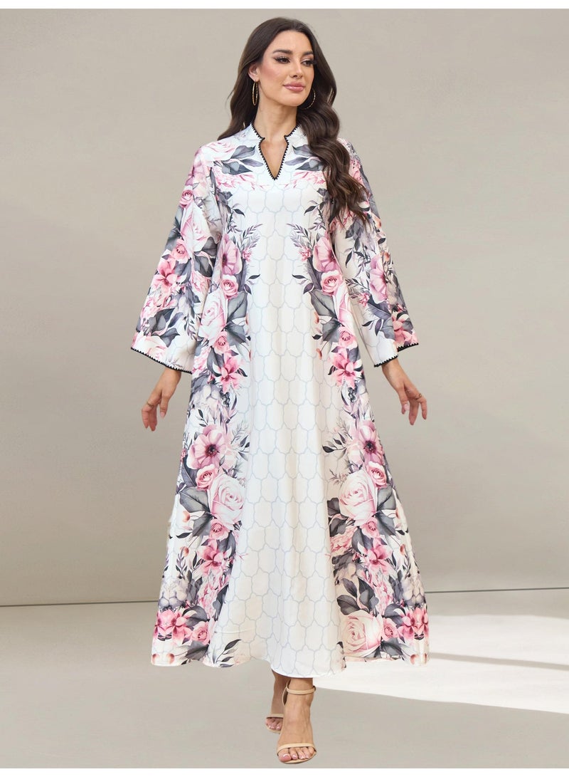 Kaiyuede Dubai Pink Floral Abaya | V-Neck Long Sleeve Geometric Modest Maxi Dress for Ramadan & Eid - Image 1