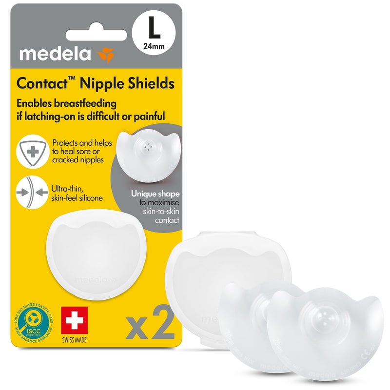 Medela حماية حلمات سيليكون ميدلا، تصميم ناعم فائق النحافة، مصنوعة بدون BPA، عبوة من 2 حماية (24 مم) وحافظة - Image 1