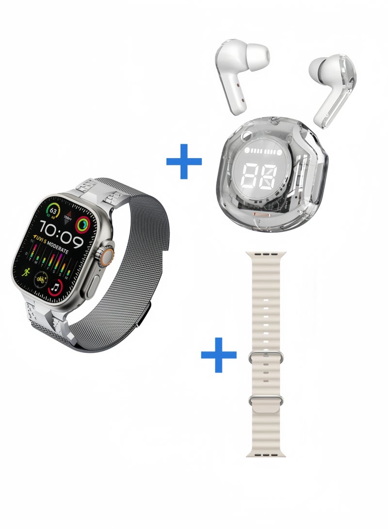 The New 2.3 Large-Screen Bluetooth Calling, Heart-Rate Monitoring Smartwatch Comes With A Wireless Bluetooth Headset With A Milan Steel Band And A Silicone Band - Image 2