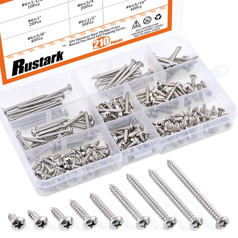 Rustark 210Pcs 6 516 to 112 304 Stainless Steel Round Pan Head Phillips Cross Wood Screws Drive Self Tapping Drilling Screws Assortment Kit - Image 2