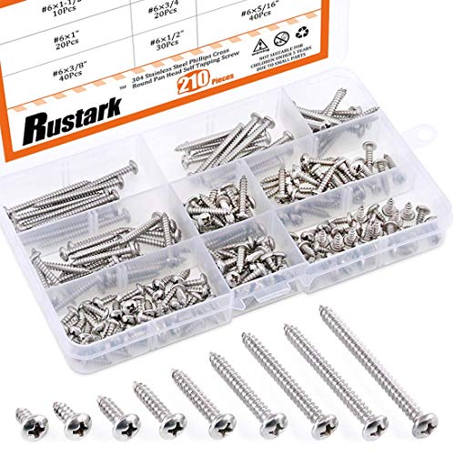 Rustark 210Pcs 6 516 to 112 304 Stainless Steel Round Pan Head Phillips Cross Wood Screws Drive Self Tapping Drilling Screws Assortment Kit - Image 1