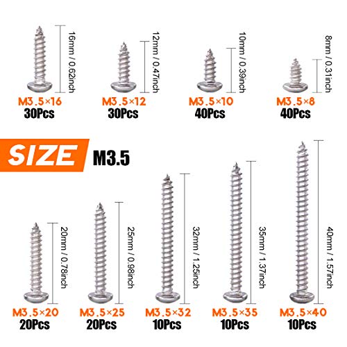 Rustark 210Pcs 6 516 to 112 304 Stainless Steel Round Pan Head Phillips Cross Wood Screws Drive Self Tapping Drilling Screws Assortment Kit - Image 3
