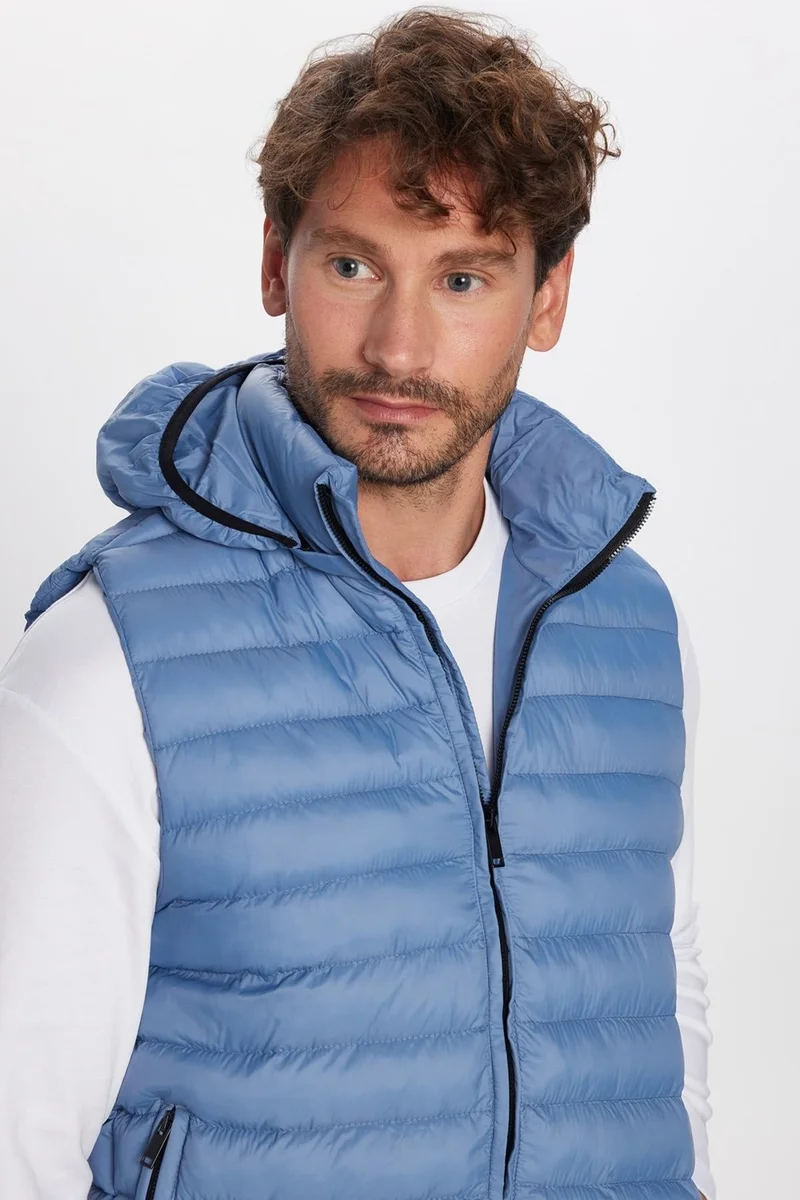 تودورس Men's Slim Fit Slim Fit Lined Windproof Pocket Blue Detachable Hooded Puffer Vest