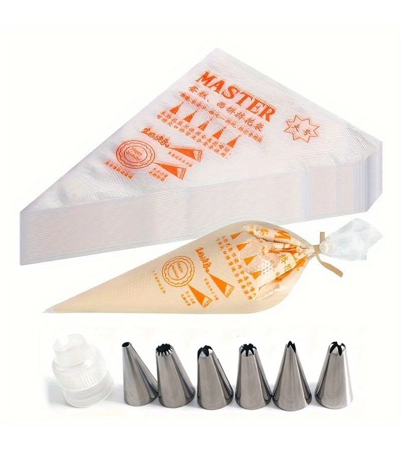 107pcs Piping Bag Set Cake Decorating Kit With 100 Disposable Bags 1 Converter And 6 Nozzles For Cakes Biscuits Icing Cupcakes Puffs Donuts Baking Medium Size - Image 1