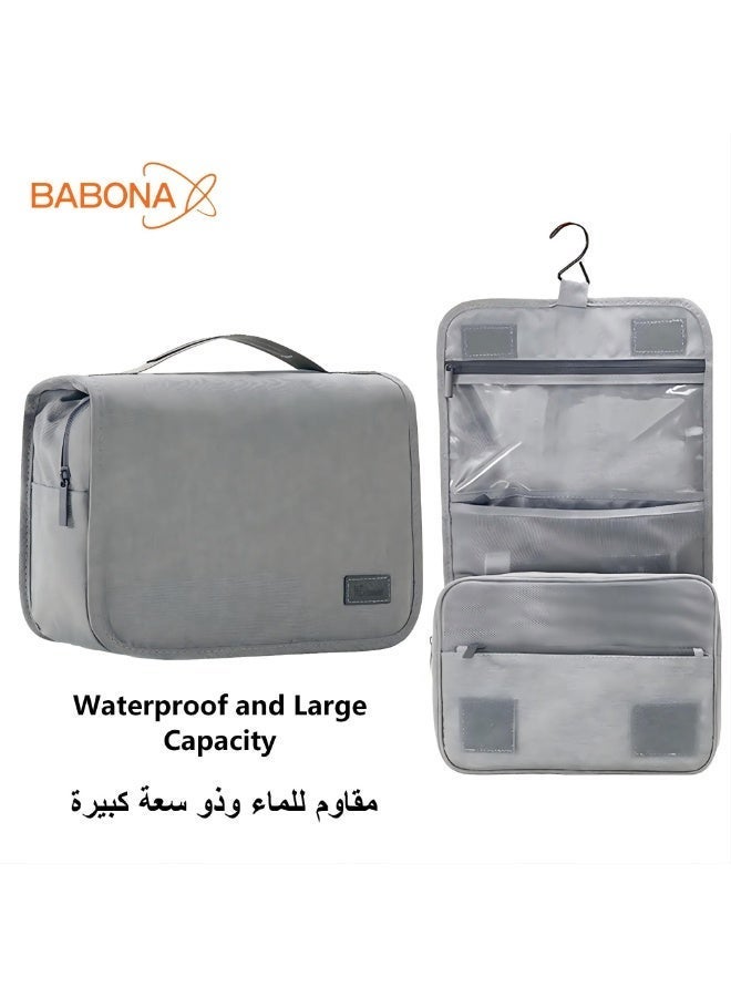 BABONA Hanging Toiletry Bag Waterproof Travel Organizer with Hook, Large Capacity Cosmetic & Toiletry Storage Bag for Bathroom, Travel, Gym, Camping (Grey) - Image 1