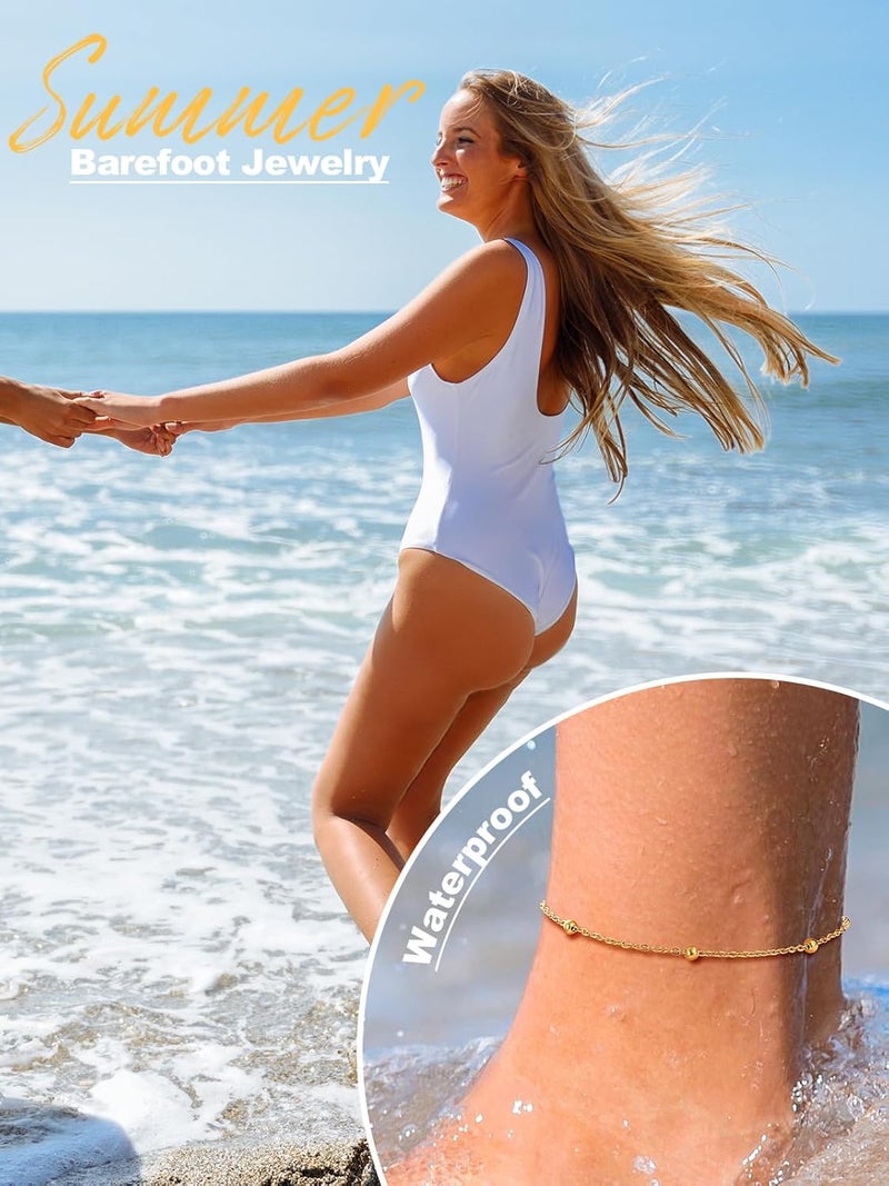 U7 Women Girls Barefoot Jewelry 18K Gold or Rose Gold Stainless Steel Heart/Rope/Figaro/Cuban Chain Anklet Foot Bracelet, 25-30 CM Long - Image 4