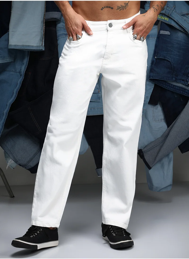 Campus Sutra Men's Chalk White Relaxed Low-Waist Denim Jeans
