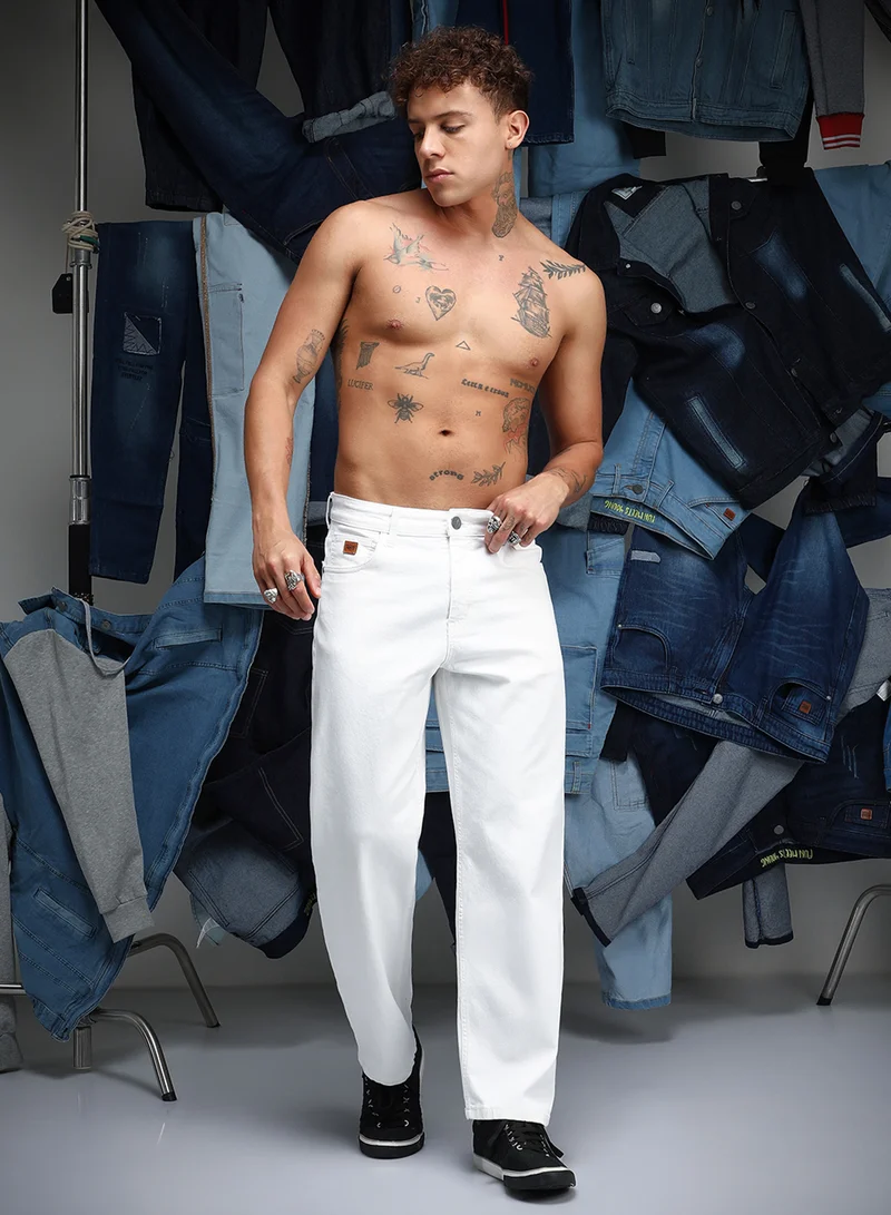 Campus Sutra Men's Chalk White Relaxed Low-Waist Denim Jeans