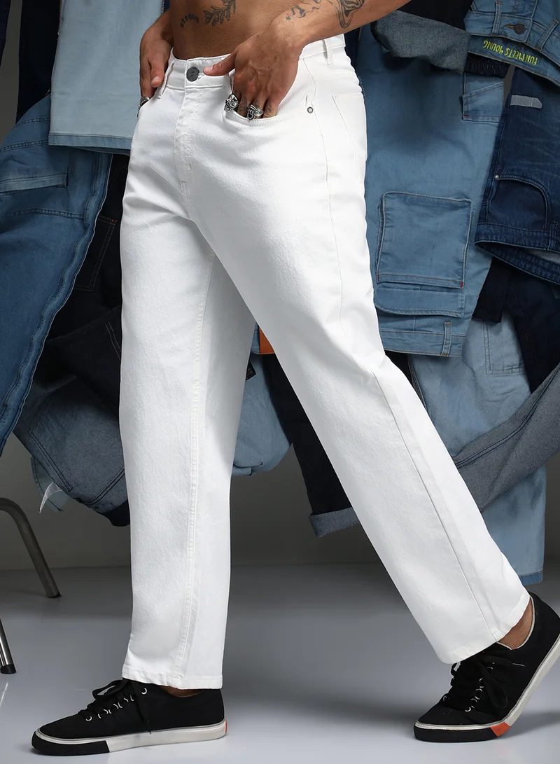 Campus Sutra Men's Chalk White Relaxed Low-Waist Denim Jeans
