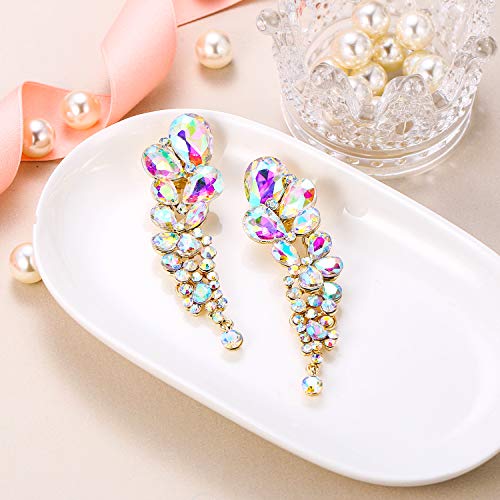 EVER FAITH Women's Austrian Crystal Tear Drop Clip-on Dangle Earrings Iridescent Clear AB Gold-Tone - Image 4