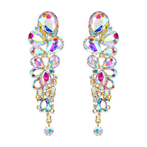 EVER FAITH Women's Austrian Crystal Tear Drop Clip-on Dangle Earrings Iridescent Clear AB Gold-Tone - Image 1